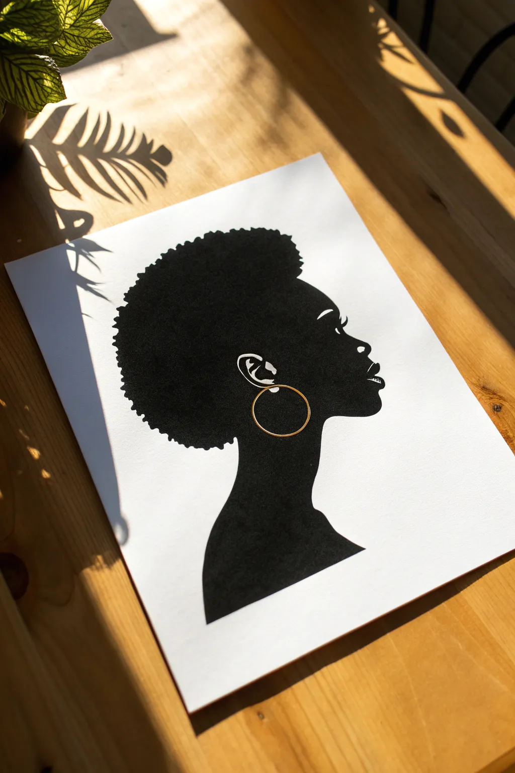 Easy faceless silhouette: bold afro profile with one gold earring, minimalist and striking