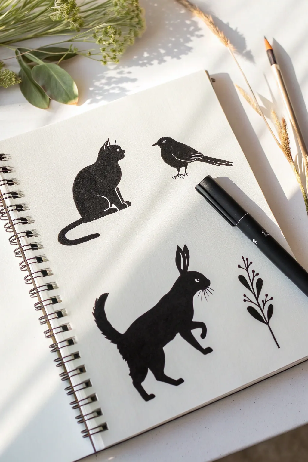 Bold black marker animal silhouettes with tiny negative-space details on a clean white page