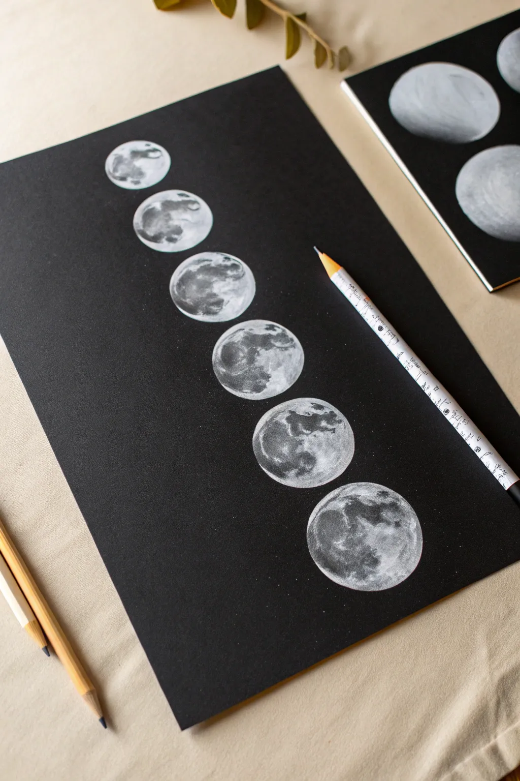 Elegant moon phases in white pencil on black paper, high contrast minimal sketch for inspiration