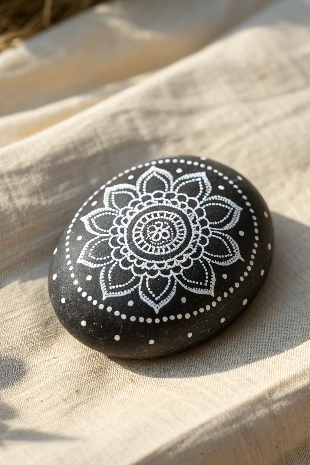Crisp white mandala dotwork on a smooth black rock, minimal boho vibes with soft light