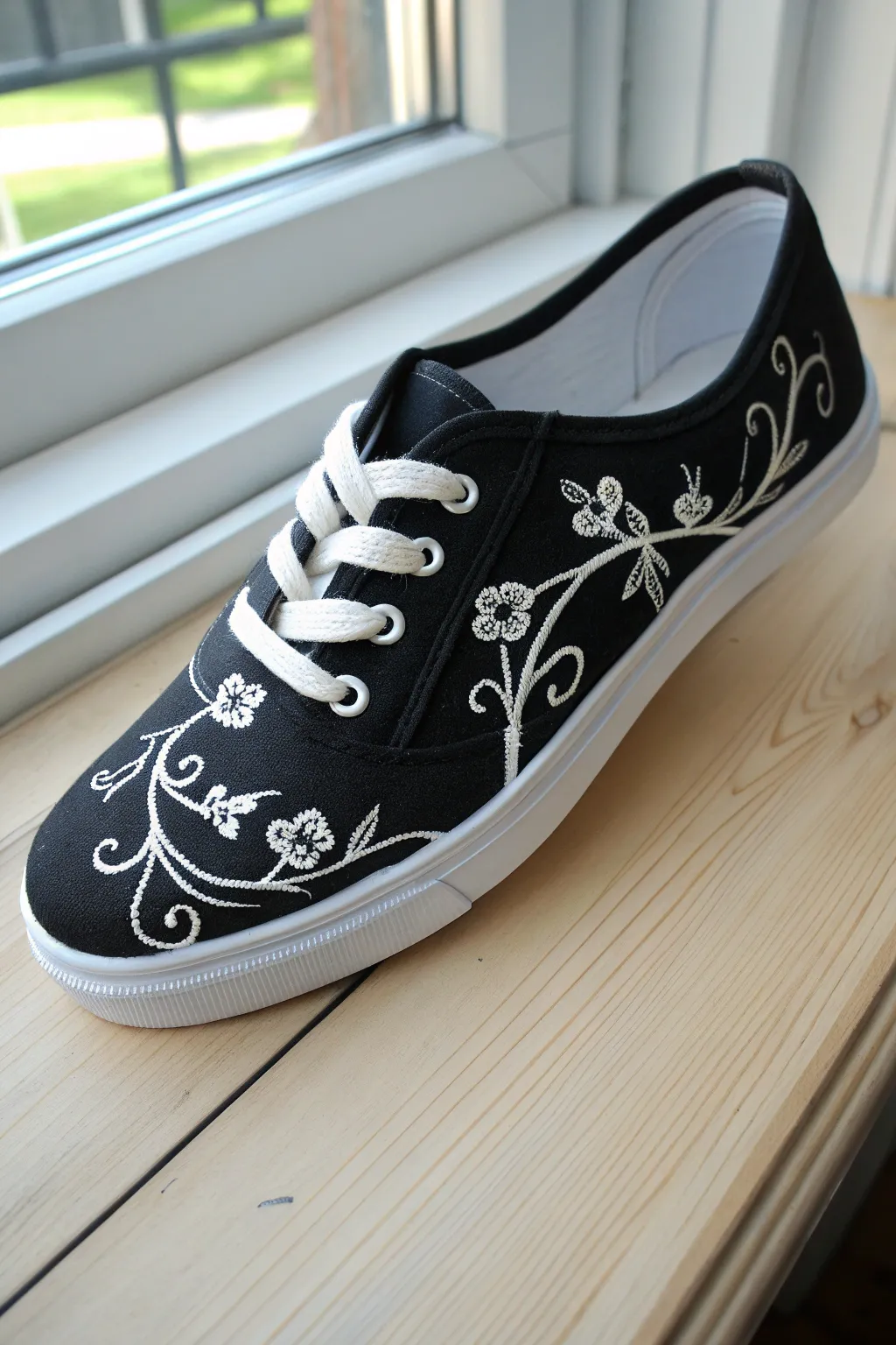 Delicate white floral vines hand-painted on a black canvas shoe for bold minimalist contrast.