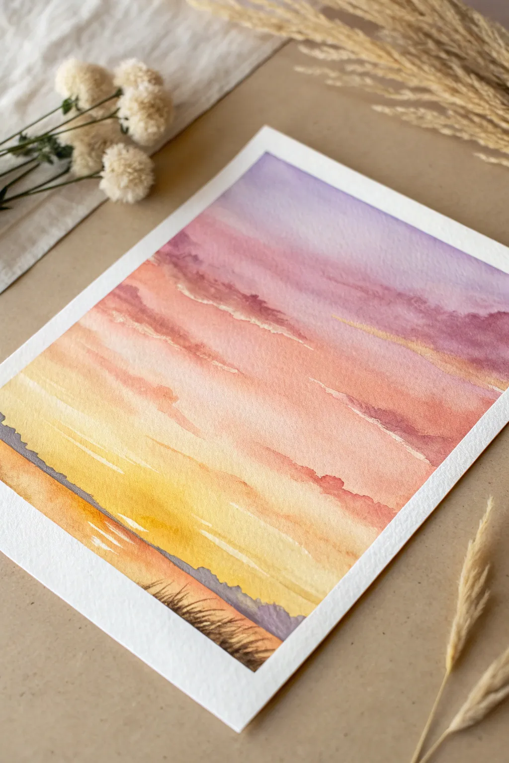 Practice seamless blending with a soothing sunset gradient sky in warm minimalist watercolor tones