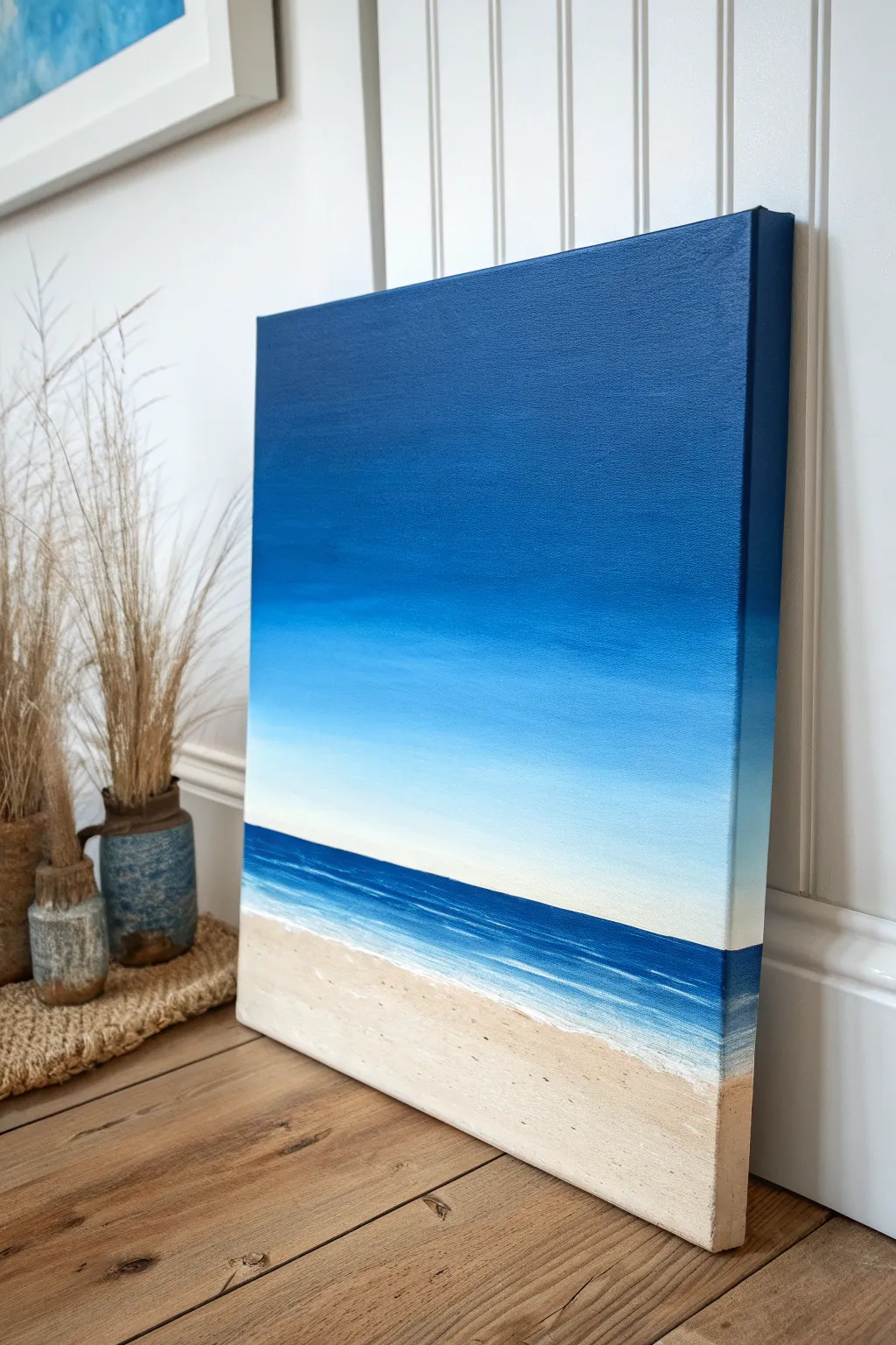 Classic blue gradient sky painting with a simple land strip, minimal, calming, high contrast.