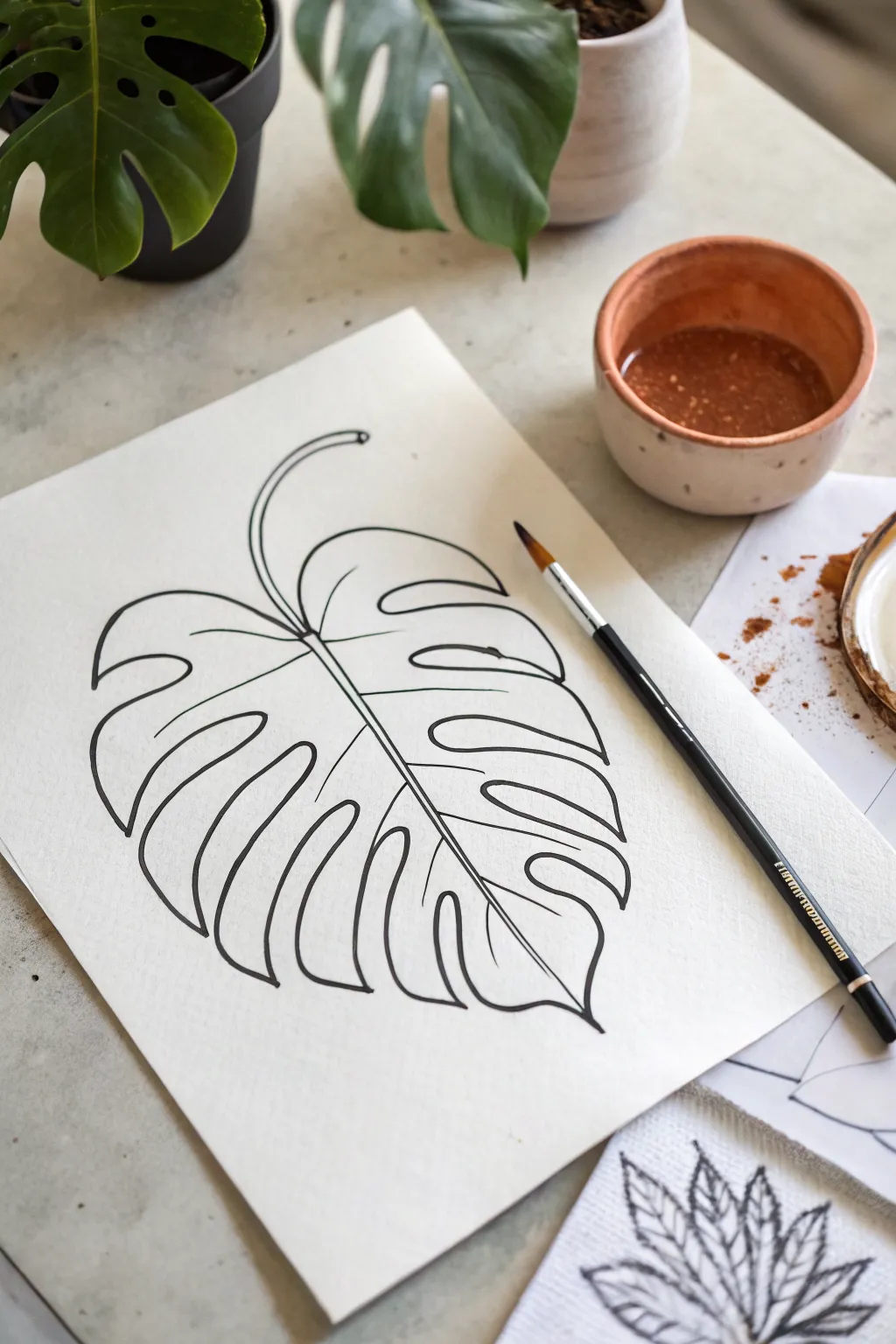 Simple monstera leaf line art with a soft terracotta halo for effortless boho minimalism.