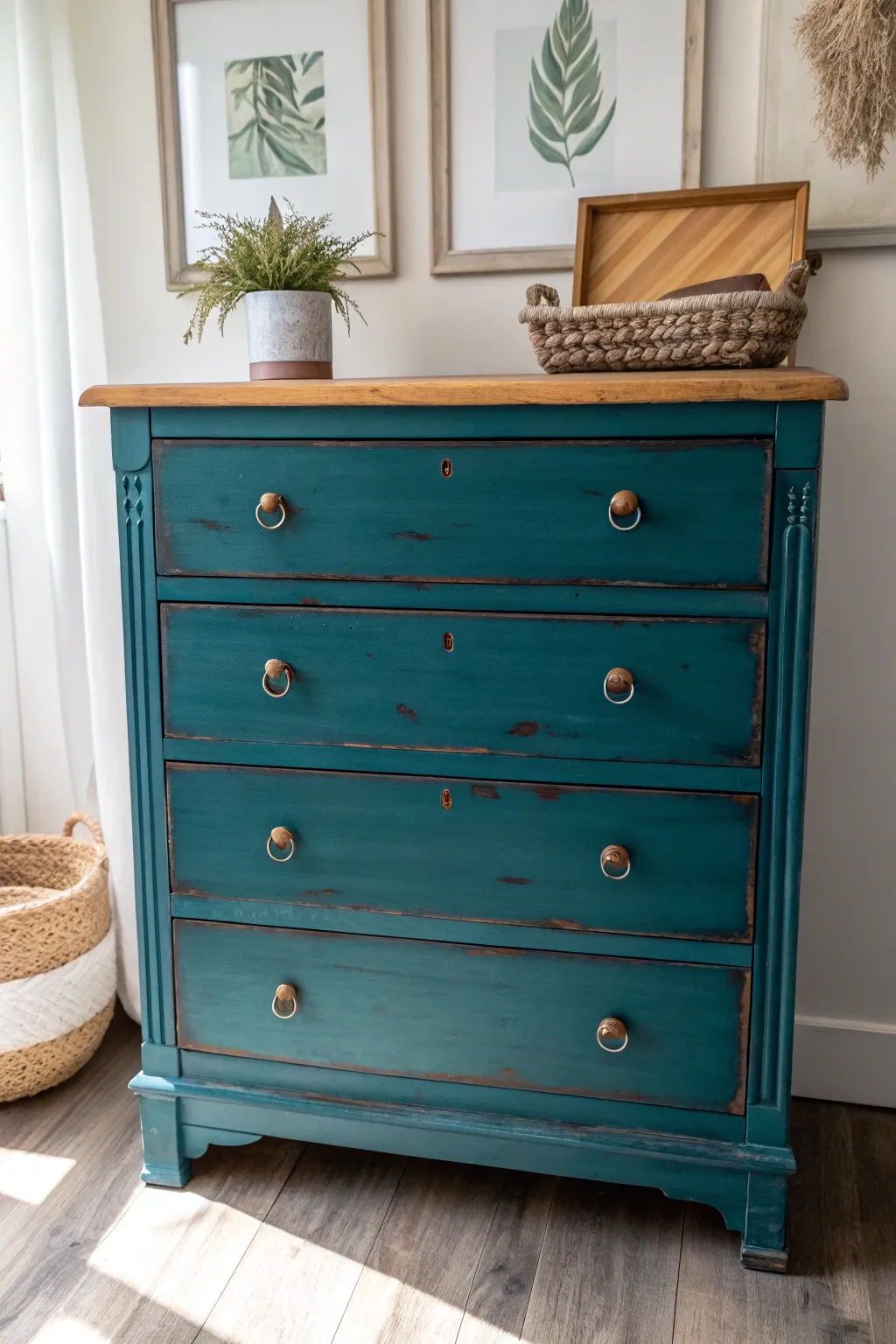 Deep turquoise jewel-tone dresser with softly distressed edges for a minimal boho focal point