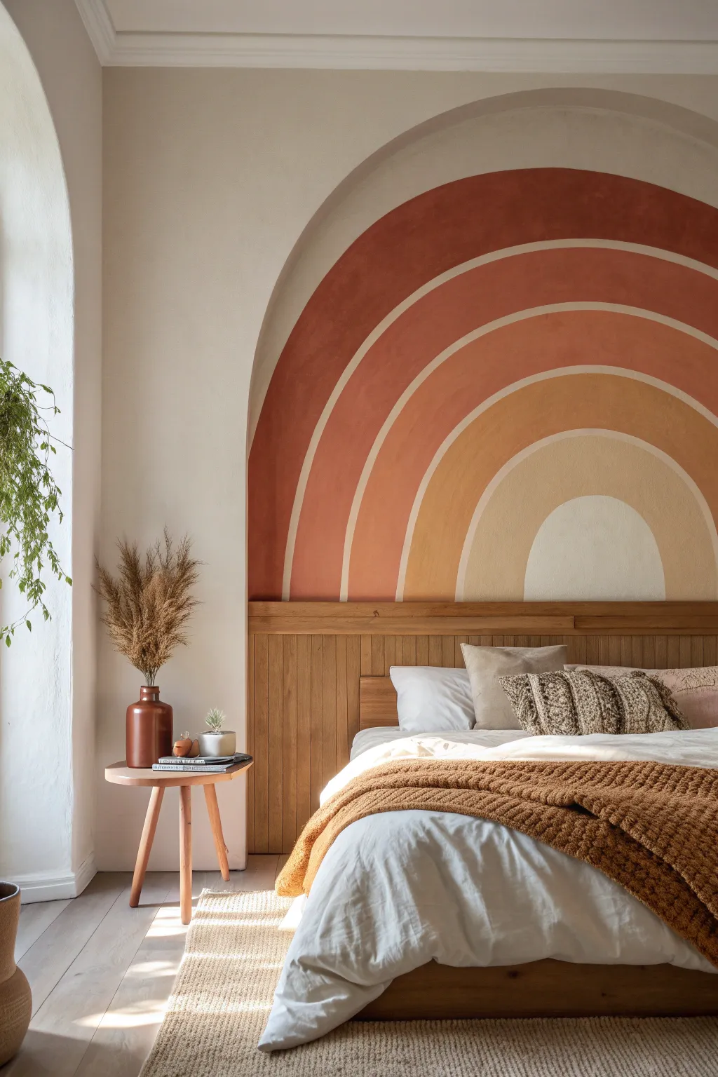 Minimal terracotta arch feature wall with oak headboard and textured throw, calm boho comfort