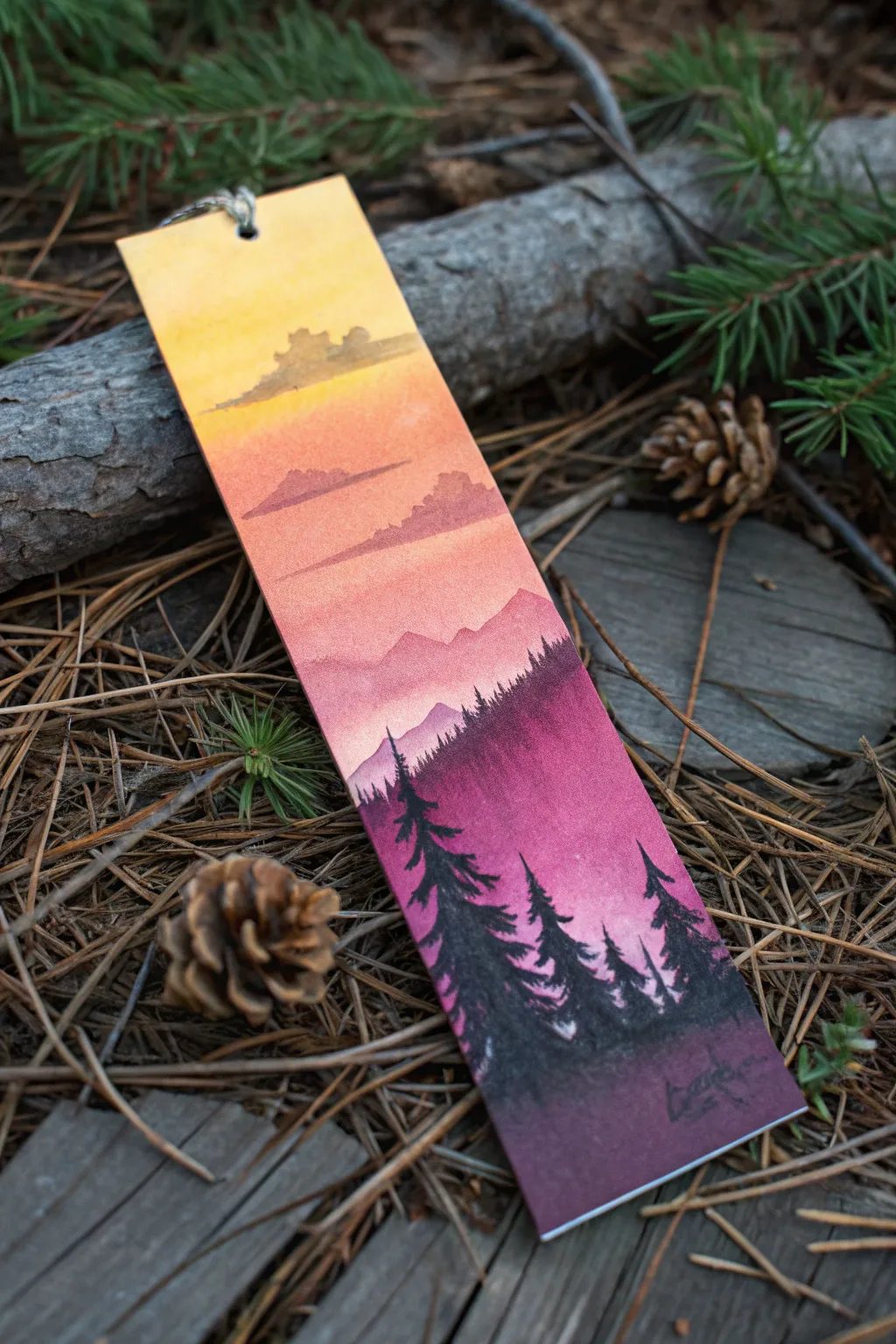 Sunset ombré acrylic bookmark with a bold black tree silhouette for instant cozy vibes