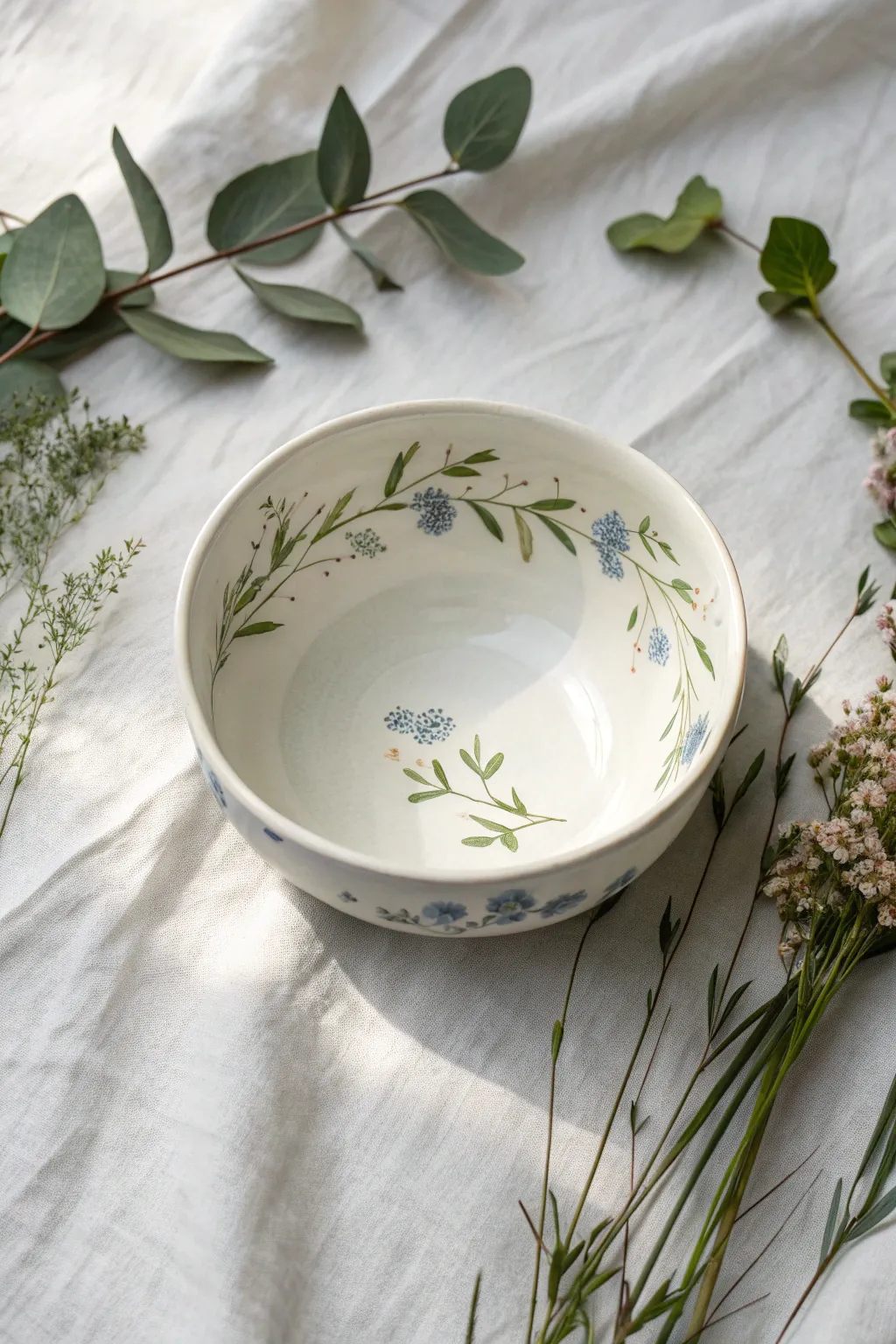 Simple floral sprigs around a white bowl rim for an elegant minimalist painting idea
