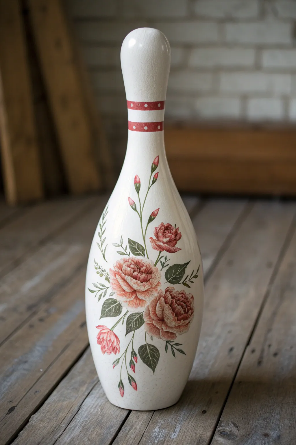 Classic floral wraparound bowling pin with soft roses and wildflowers, minimalist boho style