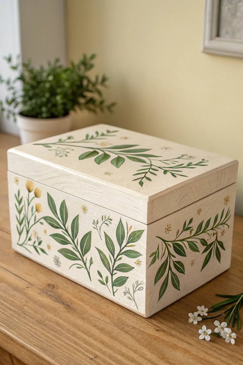 Classic floral vines wrap from lid to sides for an elegant painted box with handmade charm