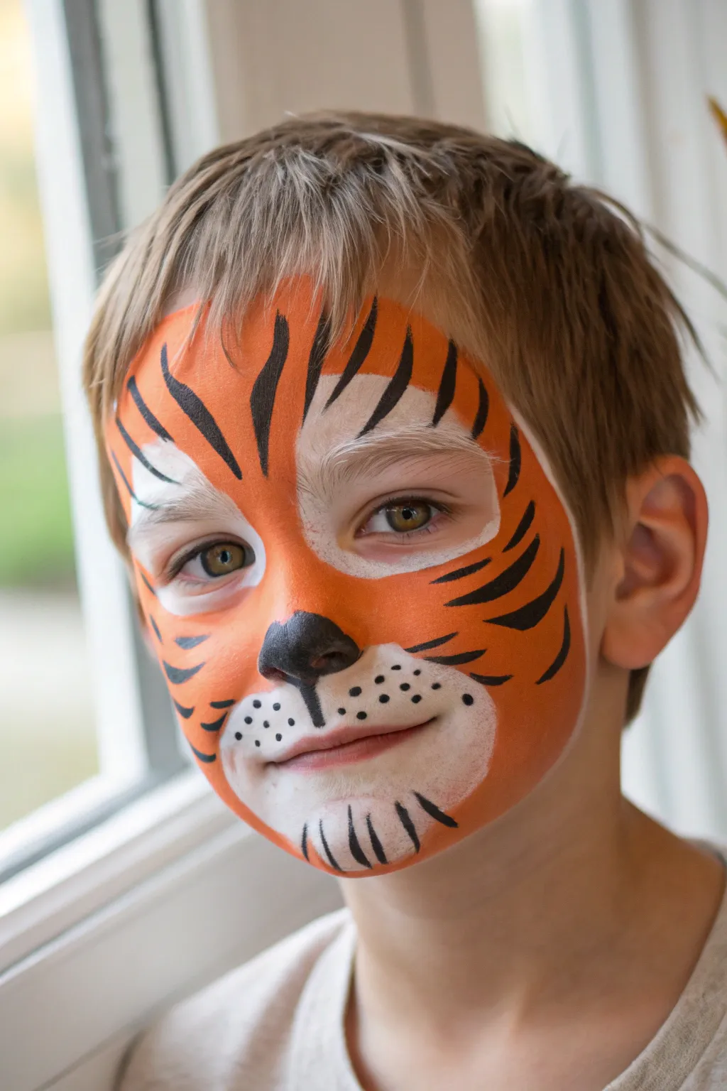 Classic tiger face paint close-up: bold stripes, white muzzle, and whisker dots that pop