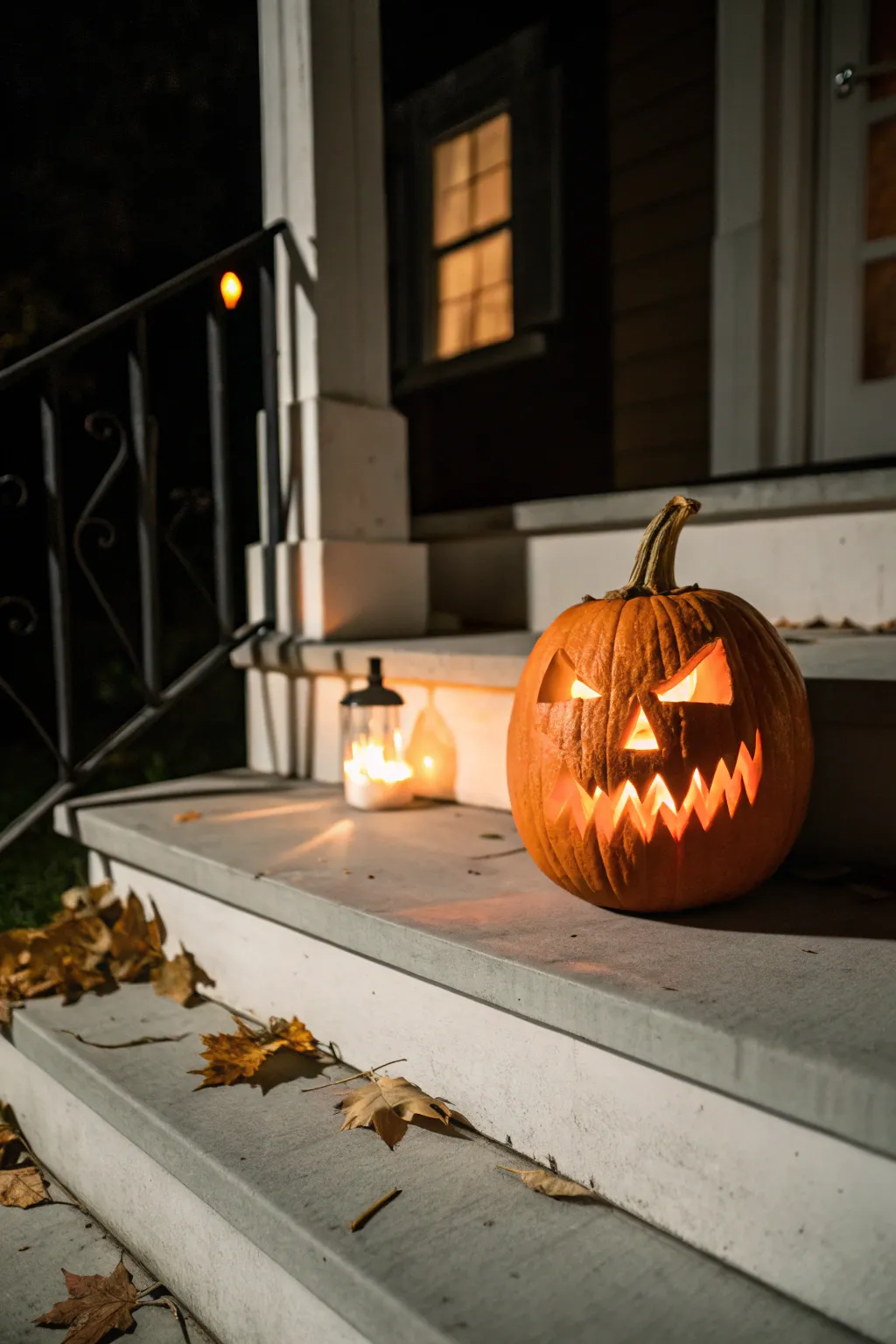 Classic scary jack-o-lantern grin glowing on a simple porch step, minimalist and eerie.