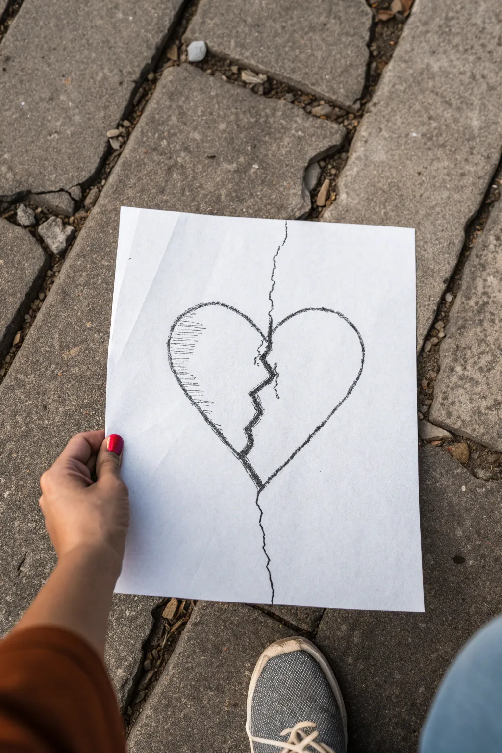 Classic jagged-crack heart in bold graphite, dramatic shading, clean minimalist mood.