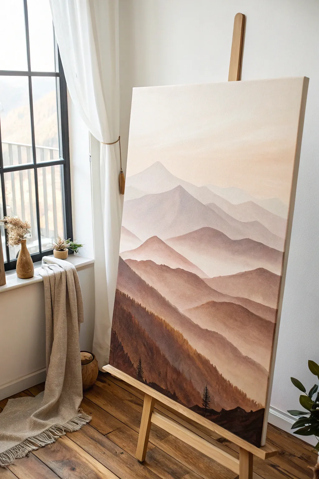 Sepia mountain layers from taupe to espresso, a calm minimalist brown canvas painting idea.