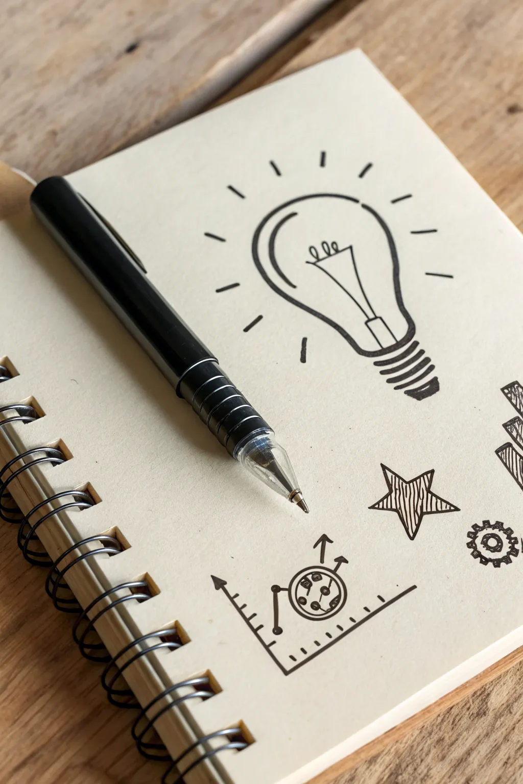 Minimal pen lightbulb sketch with tiny innovation icons, clean lines and warm Scandinavian calm