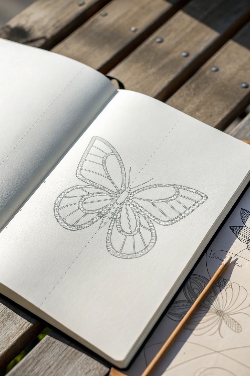 Classic butterfly outline with a subtle symmetry guideline, clean minimal sketch for drawing practice.
