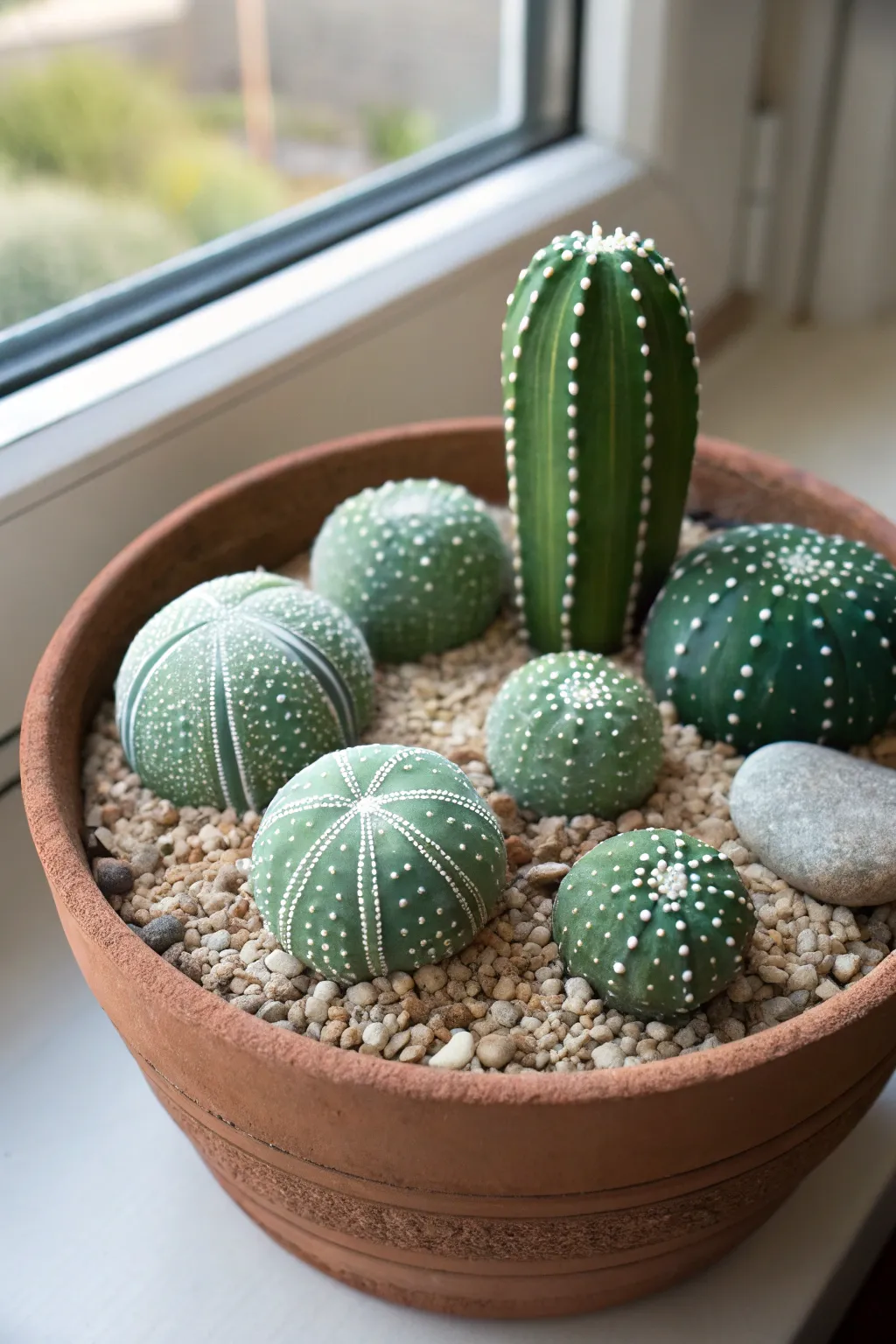 Classic potted cactus rock garden with hand-painted stones in terracotta, minimalist boho charm