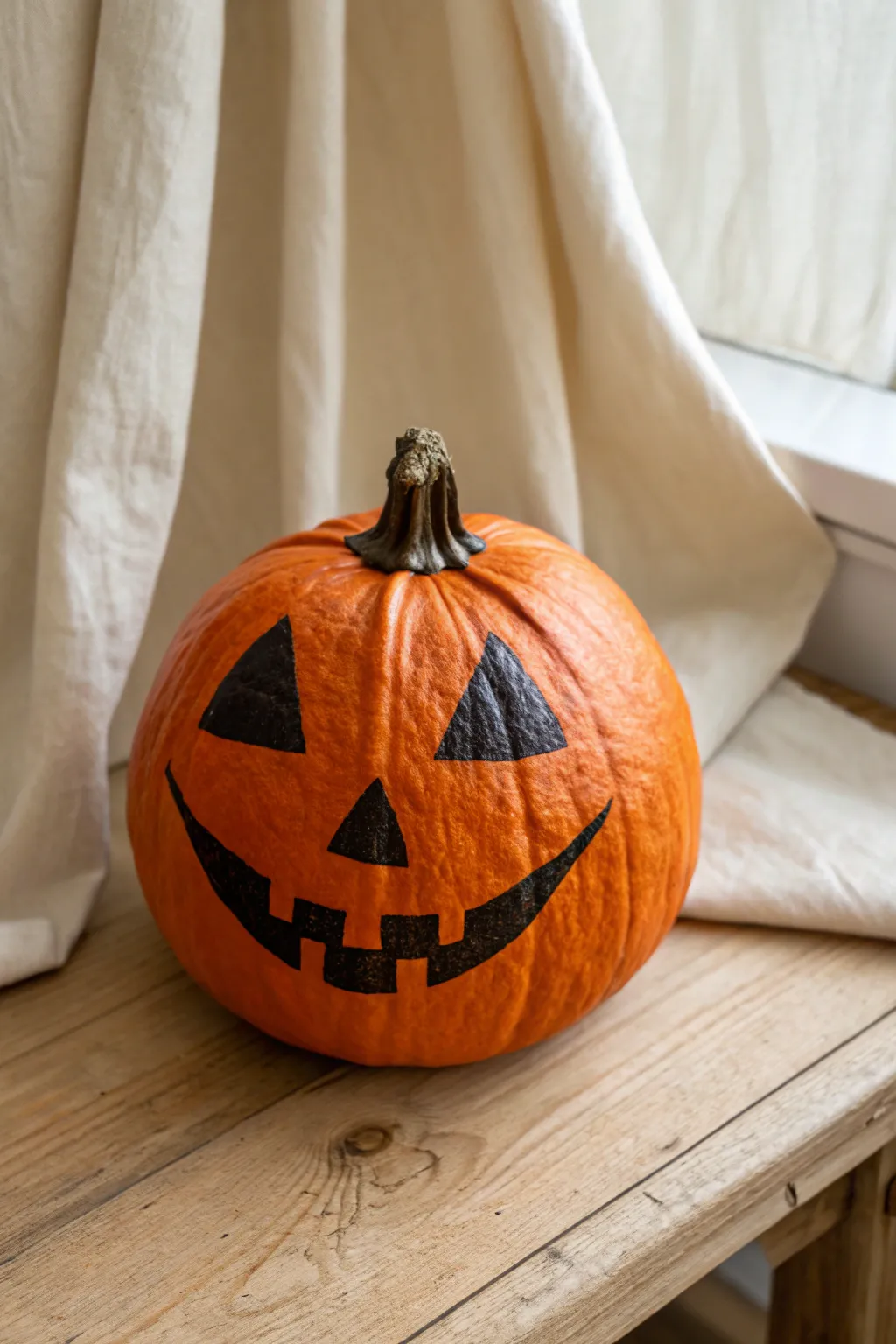 Classic painted jack-o-lantern pumpkin, bold black face on a clean Scandinavian tabletop.