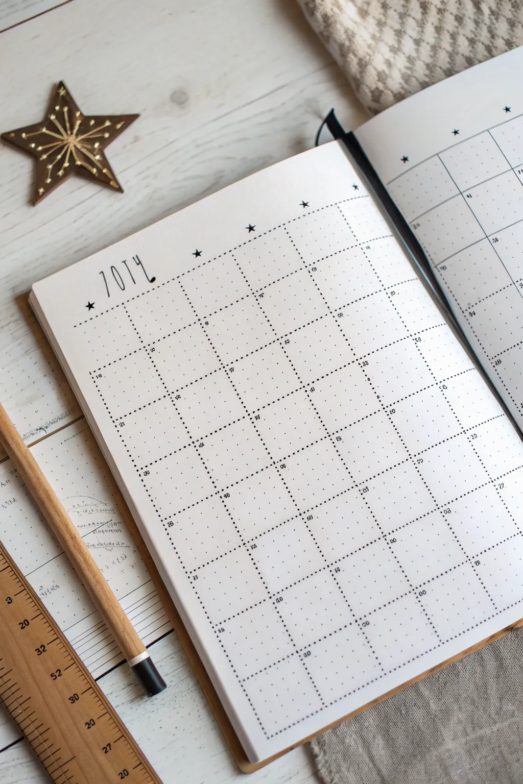 Classic monthly grid doodle on dotted paper with charming imperfect lines, calm minimal styling