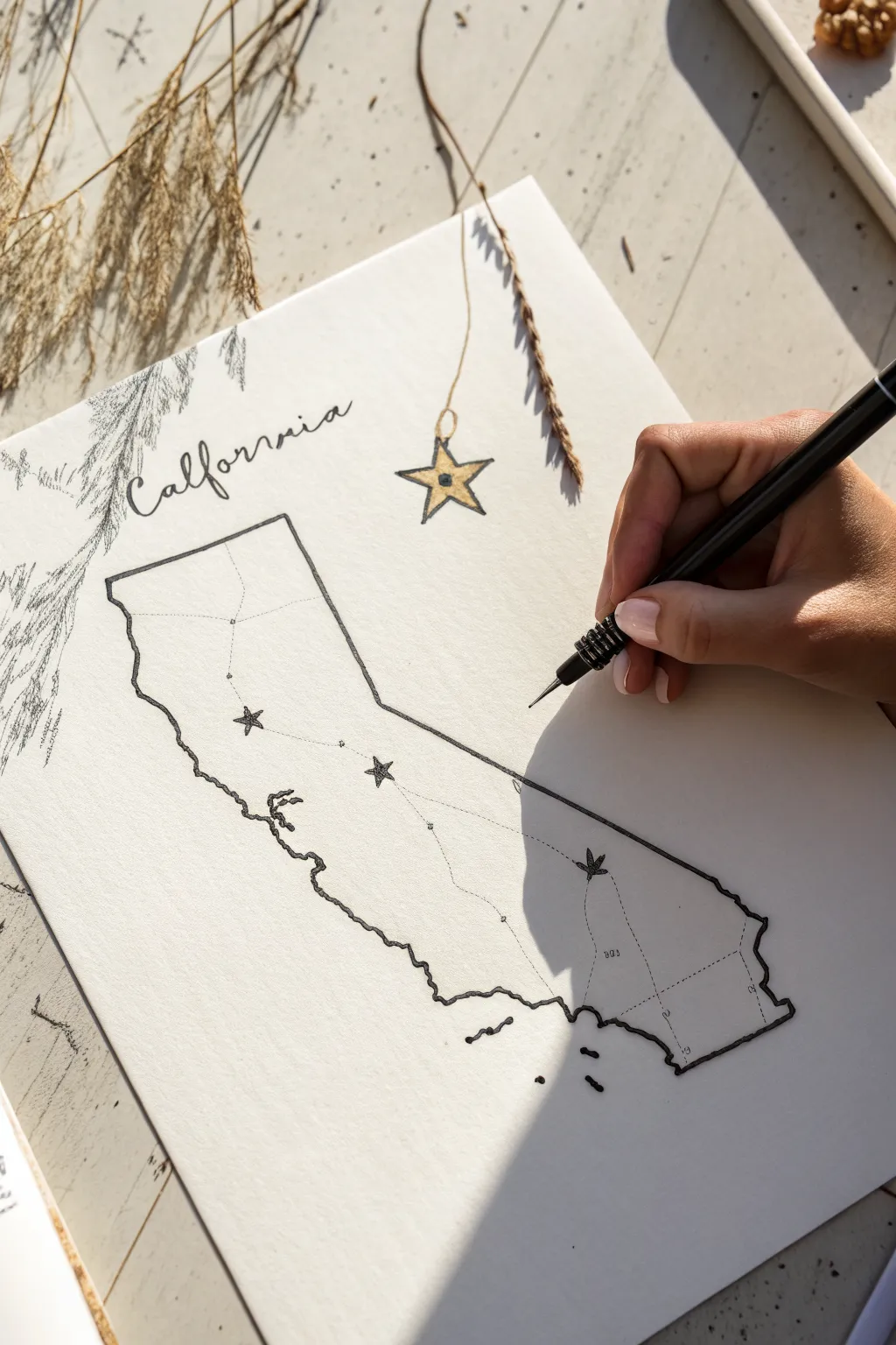 Minimal California outline with coastal detail and a tiny star for your favorite beach spot