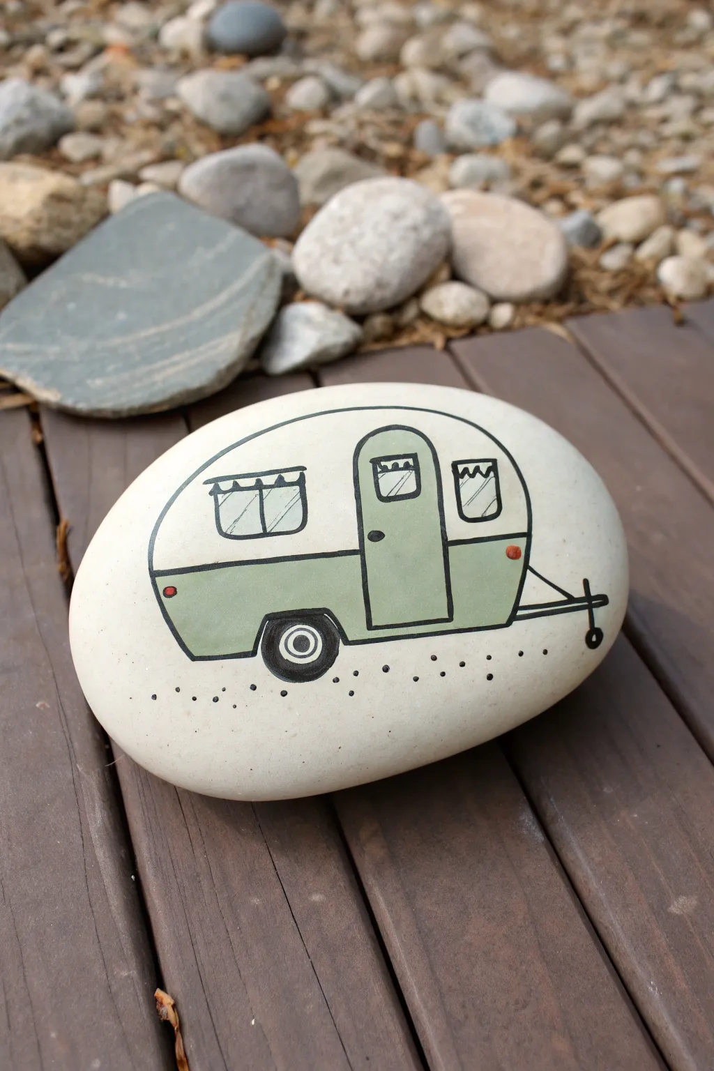 Classic two-tone vintage camper rock art with crisp lines and cozy minimalist charm