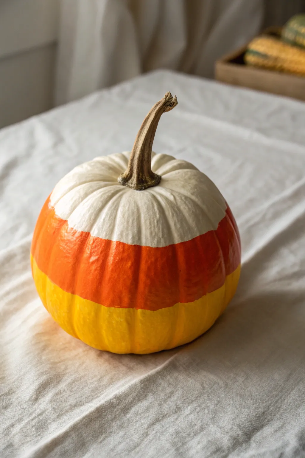 Classic candy corn stripes on a minimal pumpkin for an easy, cozy autumn paint project.