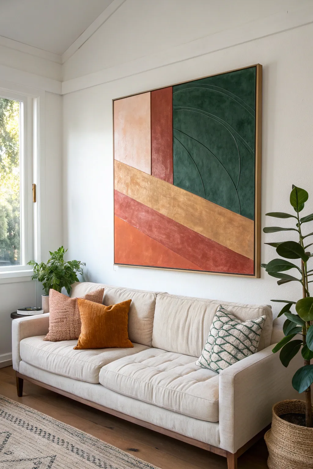 Bold color-block abstract canvas above a neutral sofa, minimalist Scandinavian boho vibe