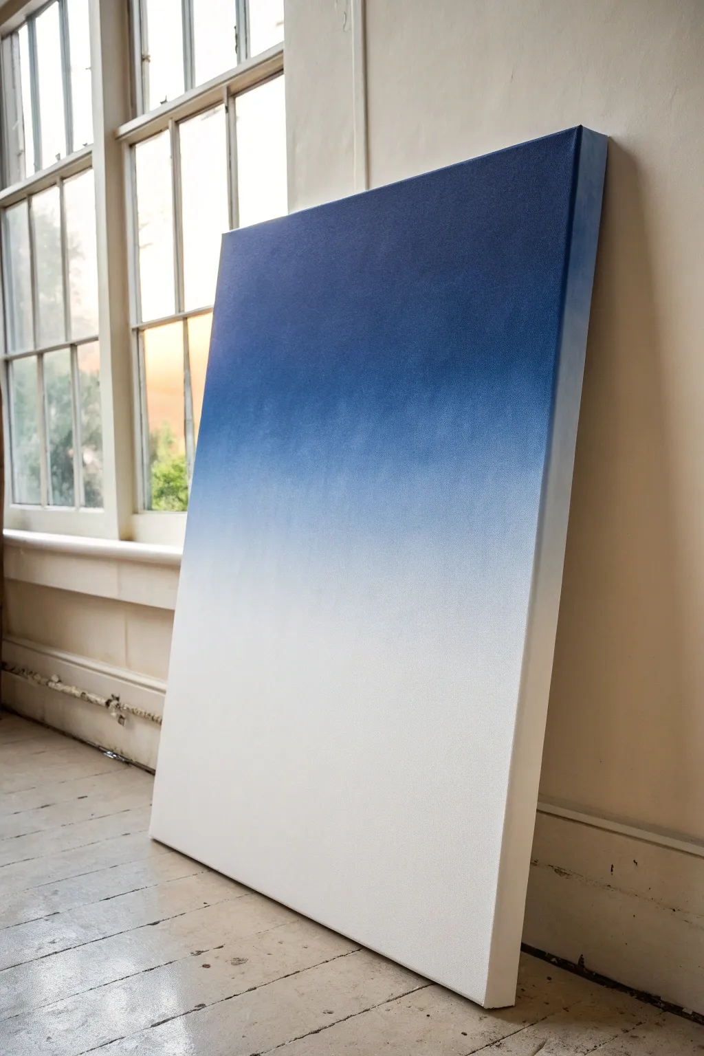 Simple ombre gradient wash on canvas, deep blue fading to airy white for calm backgrounds