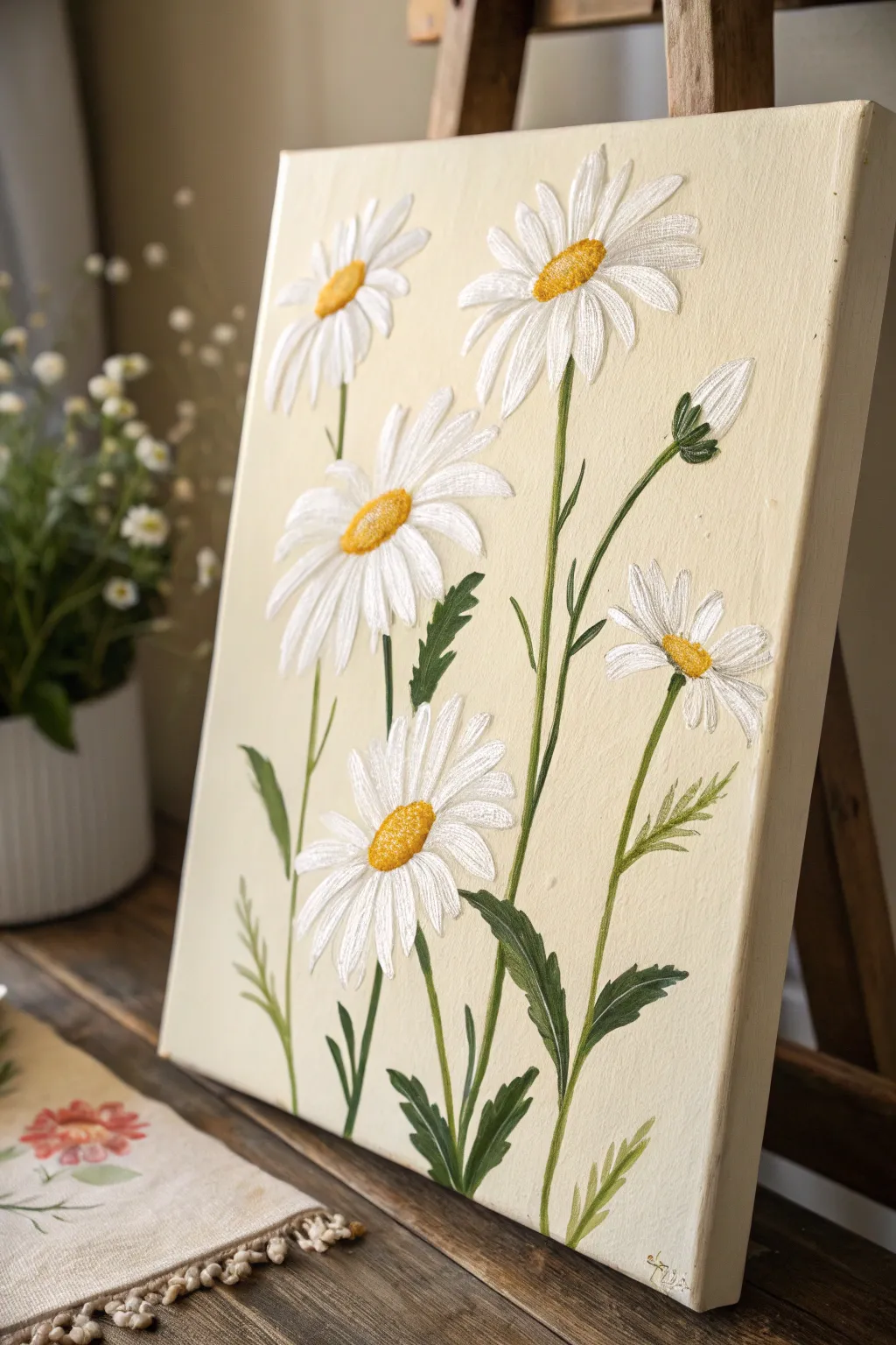 Classic white daisies with sunny yellow centers, painted simply with visible brushstrokes