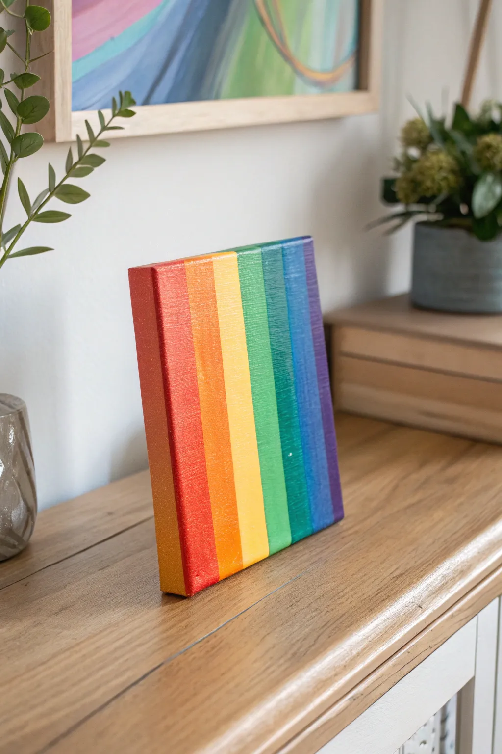 Rainbow ombre stripe canvas on a minimal shelf, a bright kid-friendly decor idea to paint