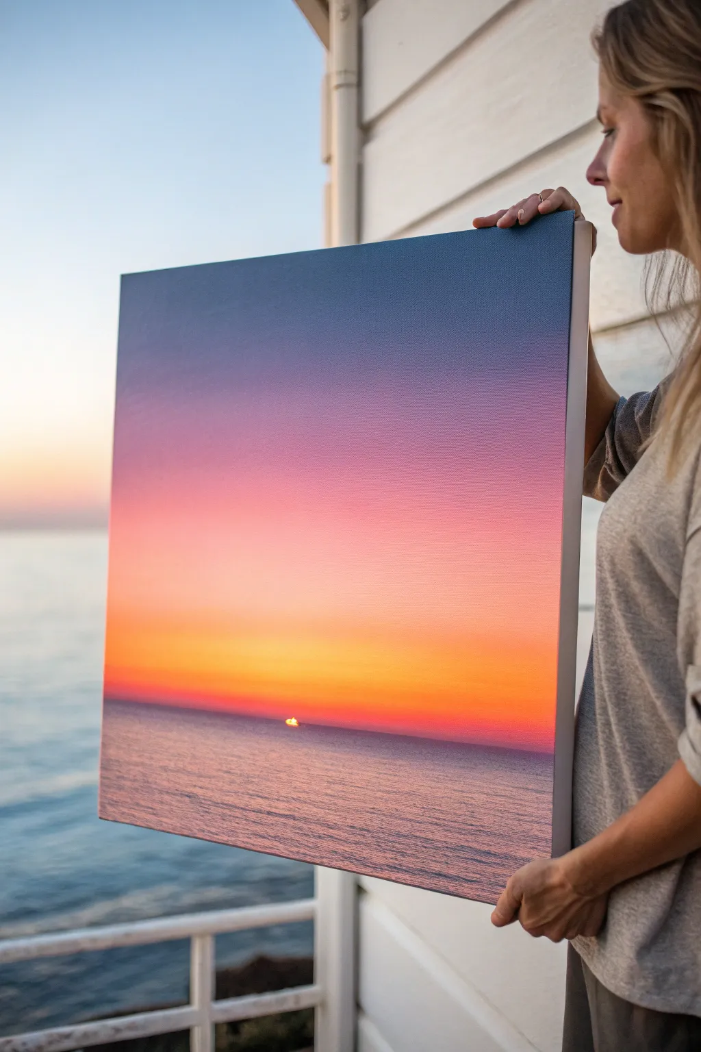 Minimal sunset gradient sky canvas with a tiny sun and crisp horizon, warm-to-cool contrast