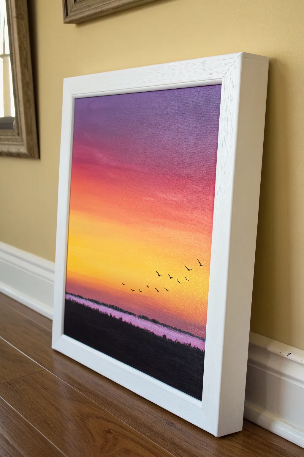 Sunset gradient canvas with a crisp dark horizon and tiny birds, simple and kid-friendly.