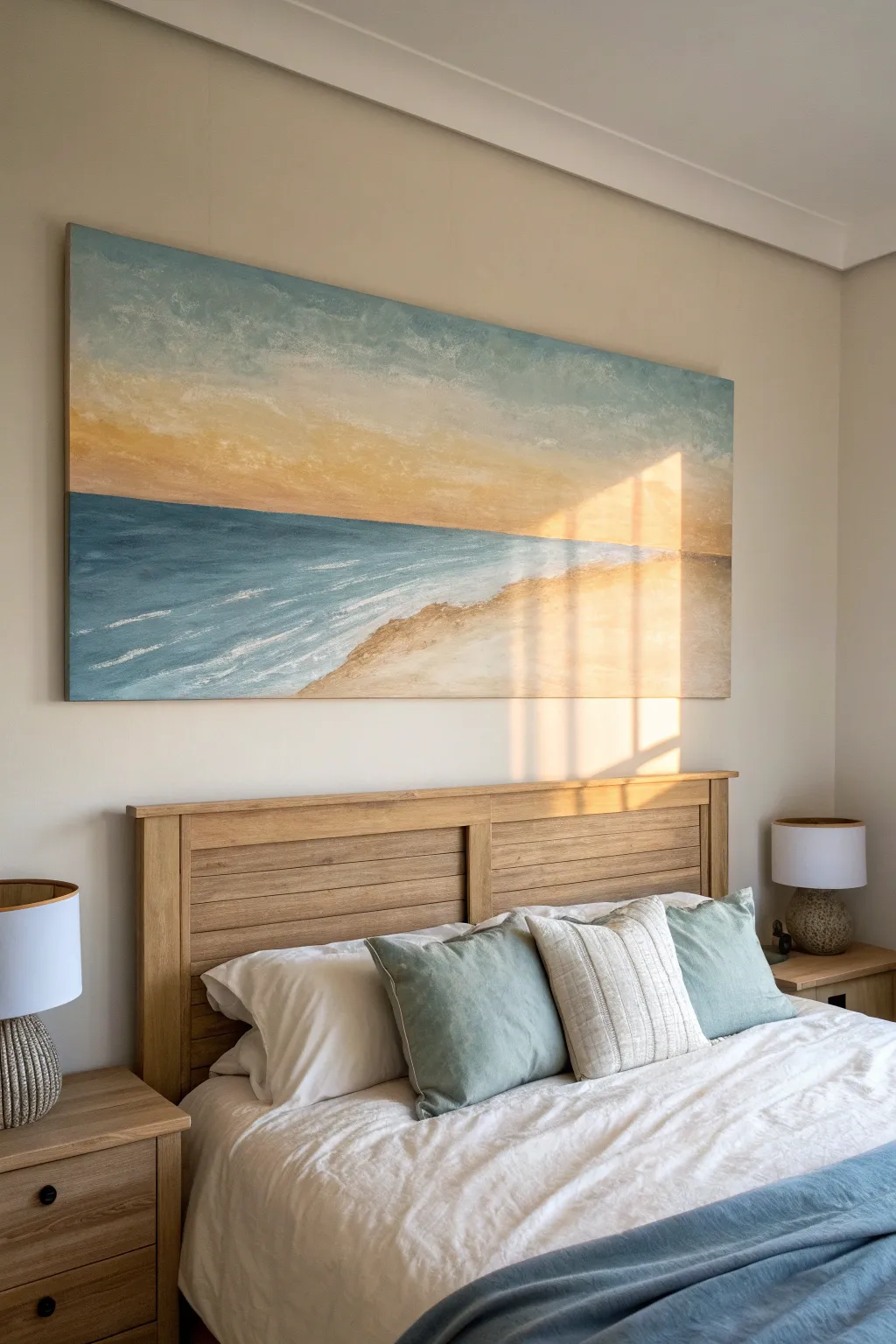 Soft ombre sky canvas above the bed, a cream-to-dusty-blue gradient for calm bedroom vibes