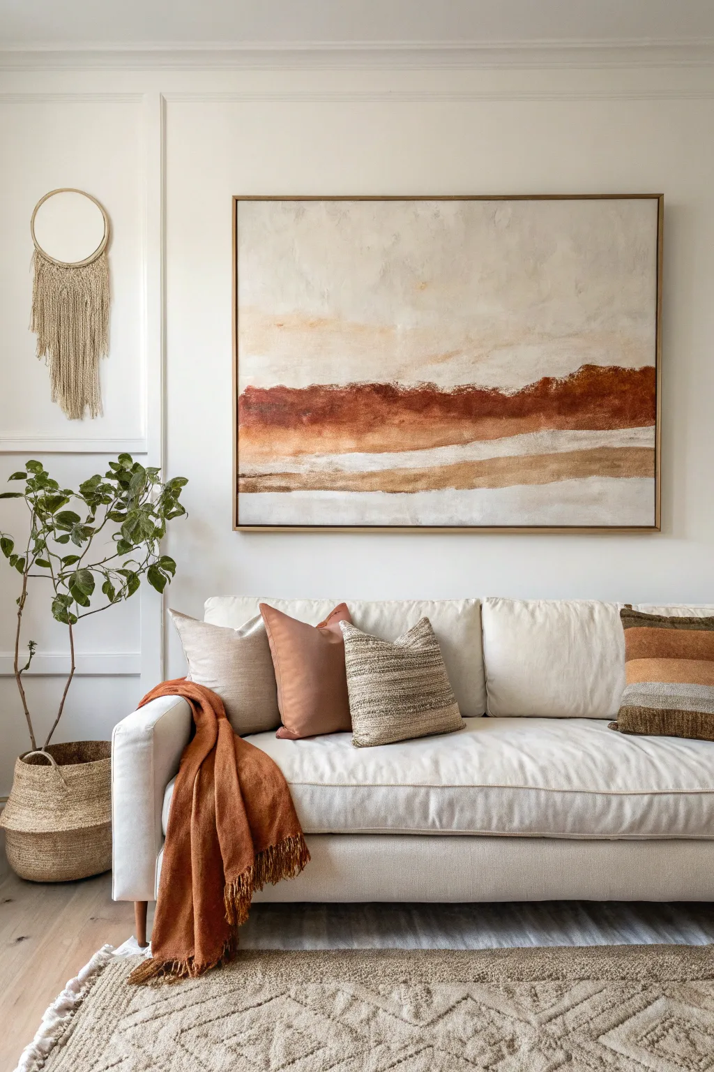 Oversized neutral color-wash canvas that anchors the sofa with one soft terracotta accent.