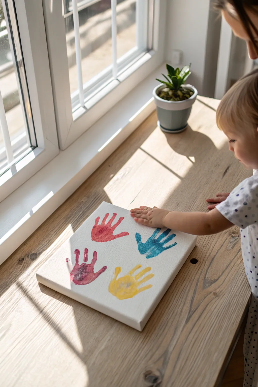 Classic toddler handprint keepsake on canvas, soft wash background and bright prints in focus