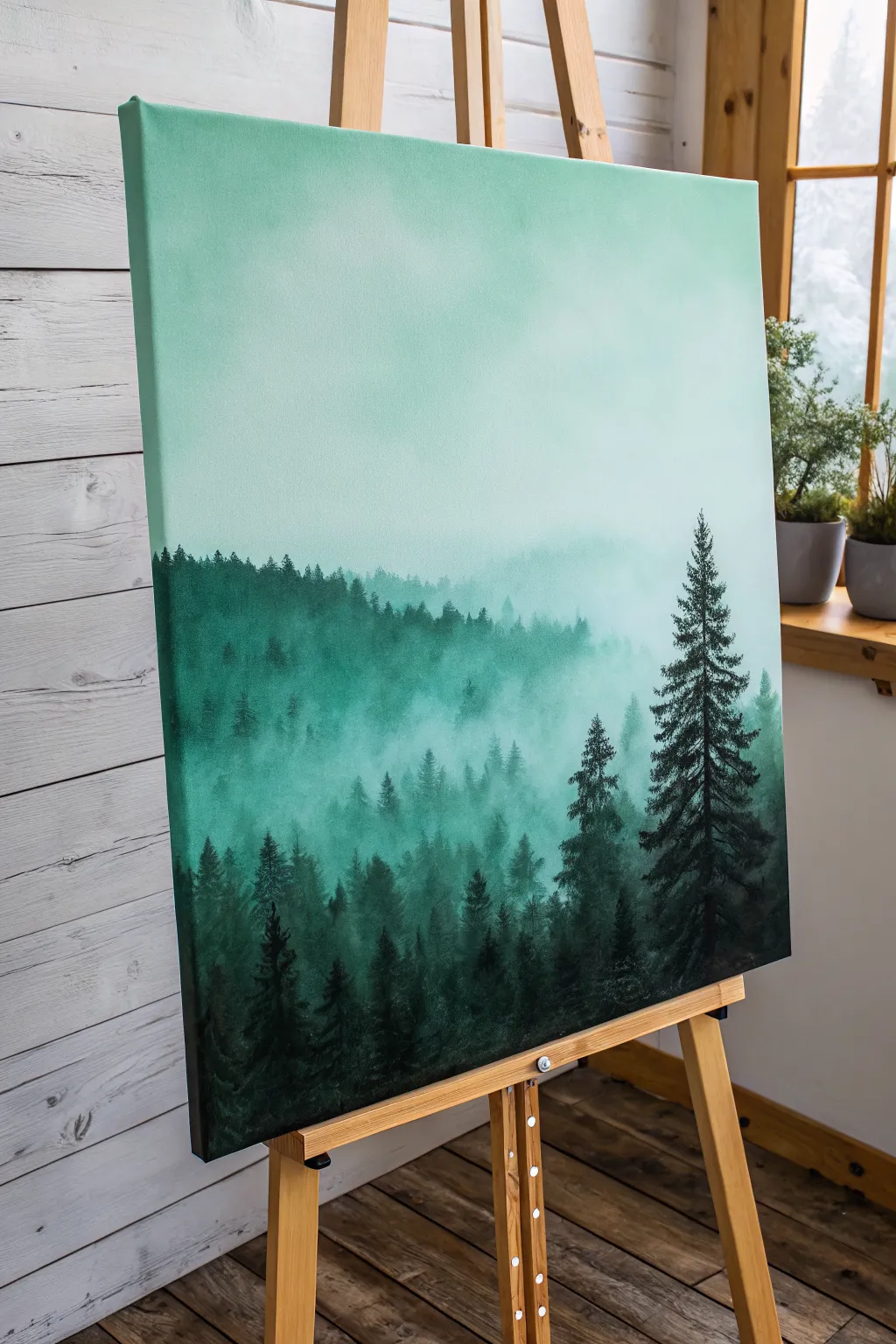 Misty forest silhouette on an emerald gradient canvas for calm green background ideas
