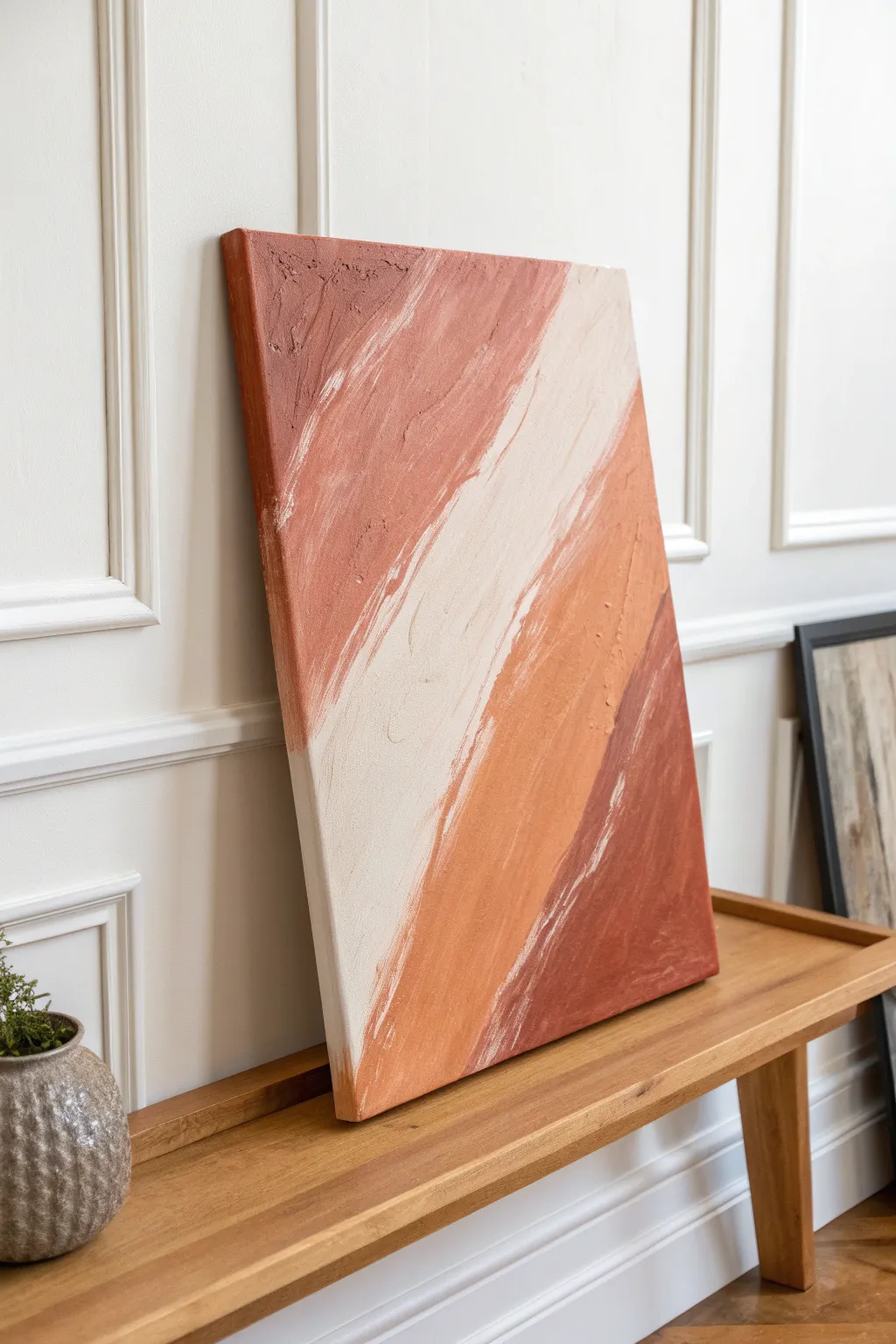 Easy abstract brushstroke canvas idea with bold texture, minimal palette, and cozy boho contrast