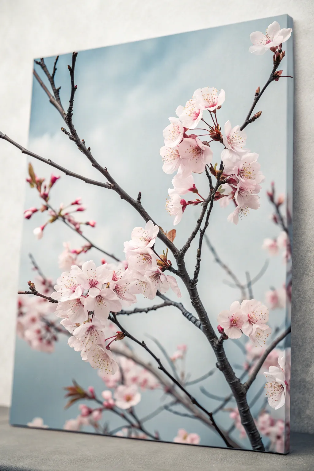 Cherry blossoms on dark branches against a soft sky, minimalist spring canvas inspiration