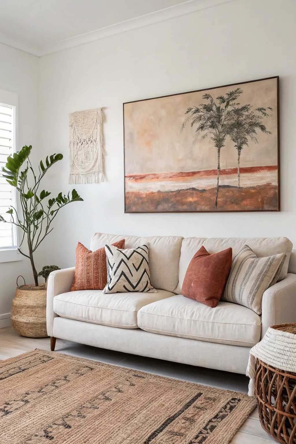 Oversized neutral canvas above a cozy sofa, with matching pillows and rug for a curated look.