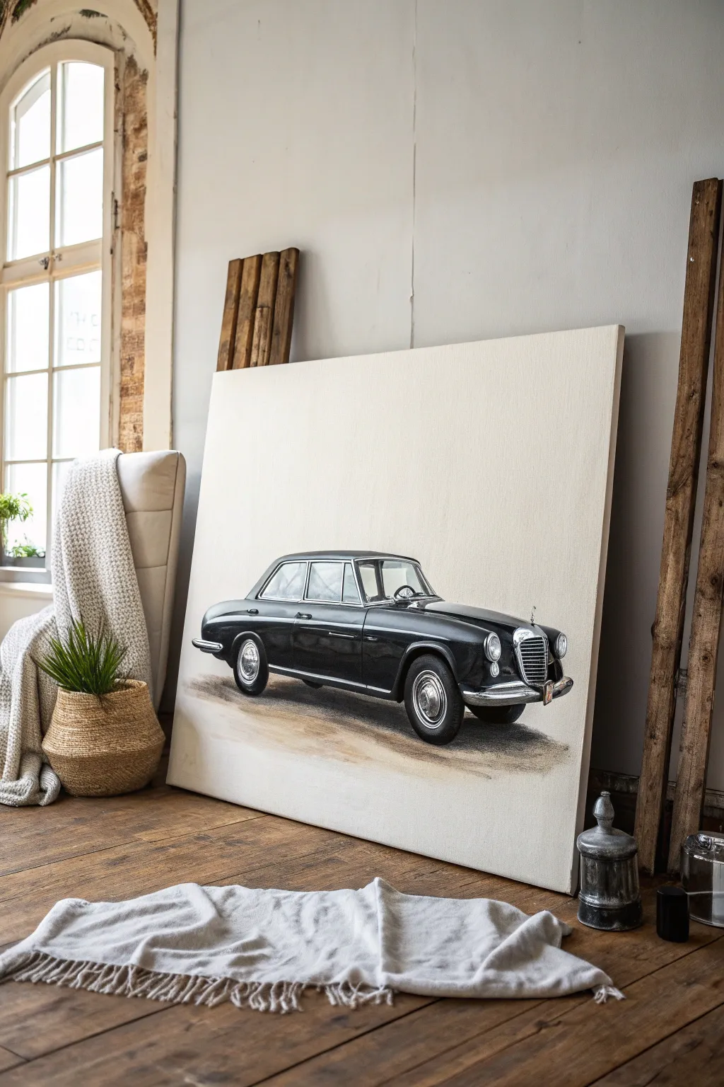Minimalist side-profile car canvas portrait with crisp lines and warm neutral Scandinavian tones.