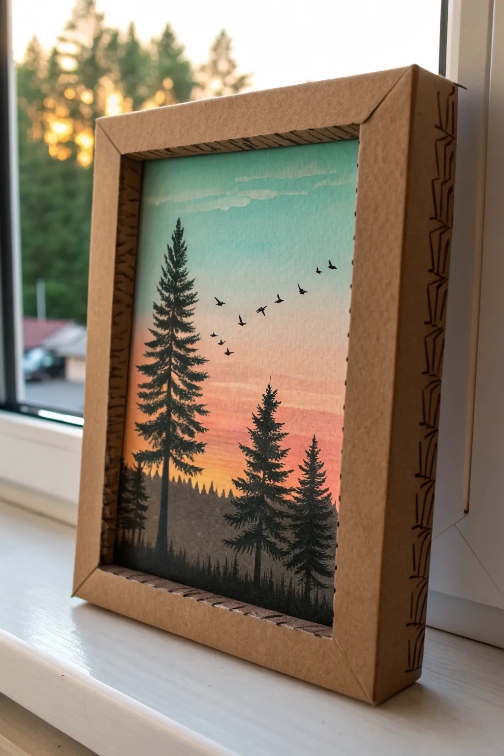 Minimal cardboard silhouette landscape with raw edges and bold black contrast, cozy boho minimalism