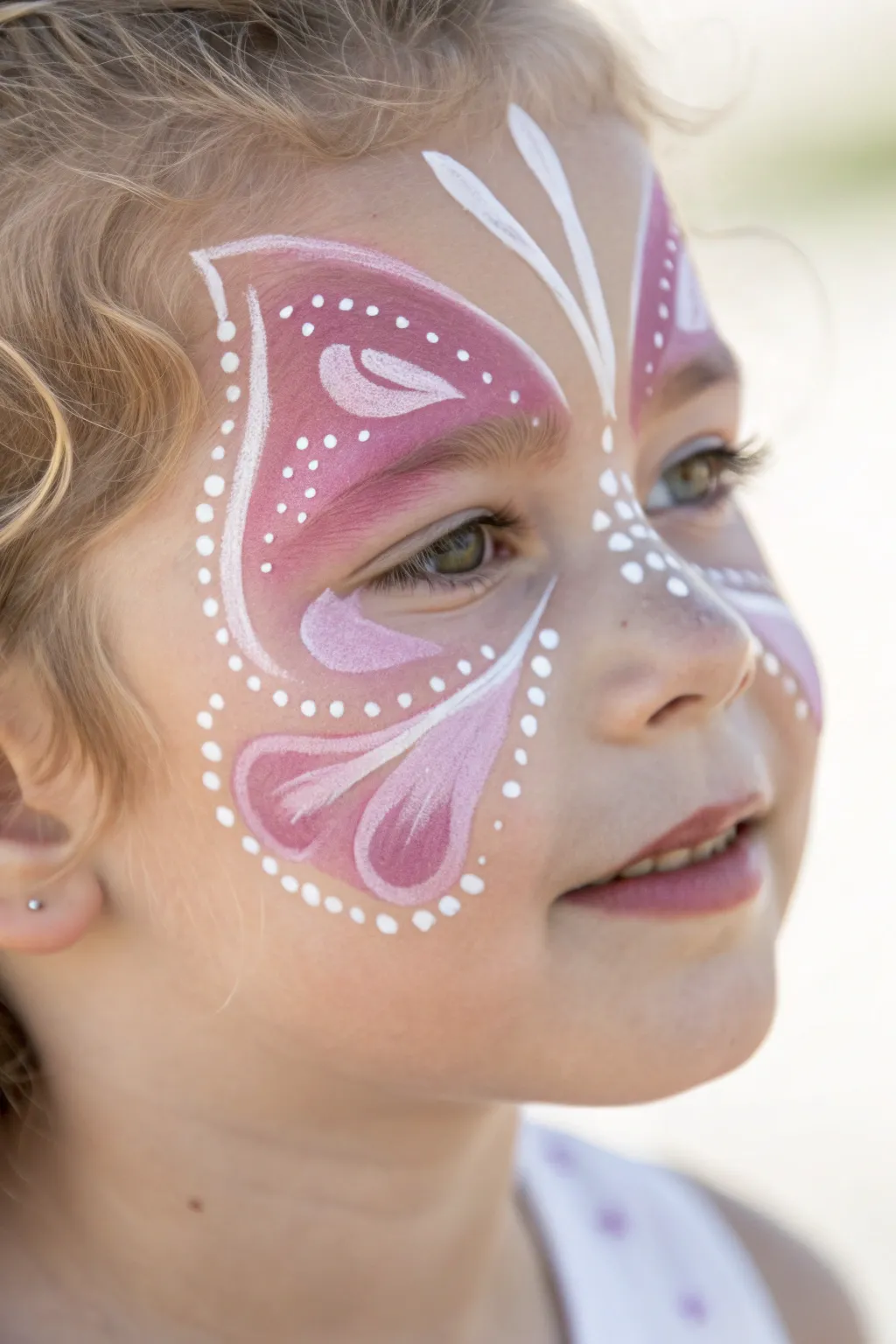 A dreamy, symmetrical butterfly face paint design with delicate details.