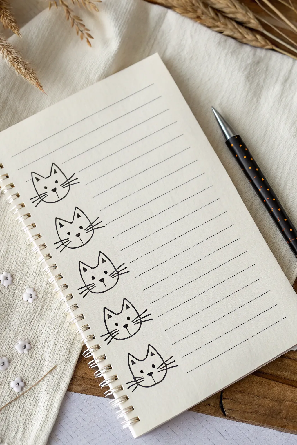 Classic cat face doodles in a tidy row, bold ink on creamy paper for minimalist charm
