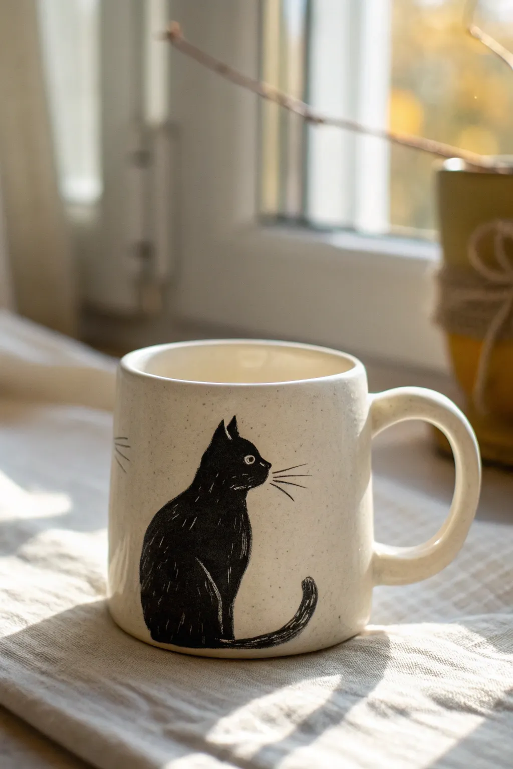 Classic black cat silhouette on a white mug, minimal and bold for easy pottery painting
