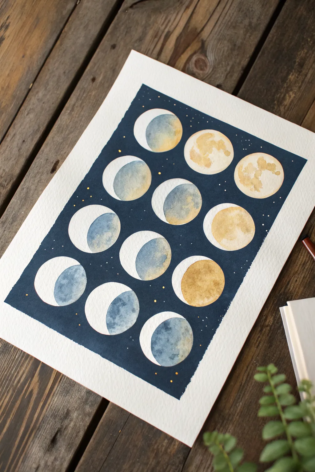 Minimal moon phase mini series: inky wash, soft halos, clean grid for easy celestial art.