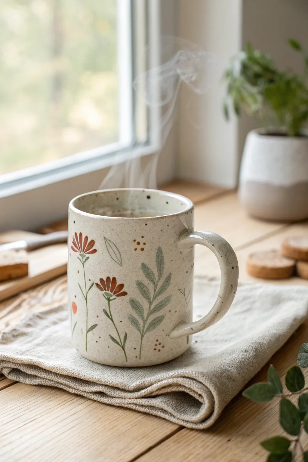 Handbuilt mug with painterly underglaze, warm light and gentle steam for cozy ceramic inspiration
