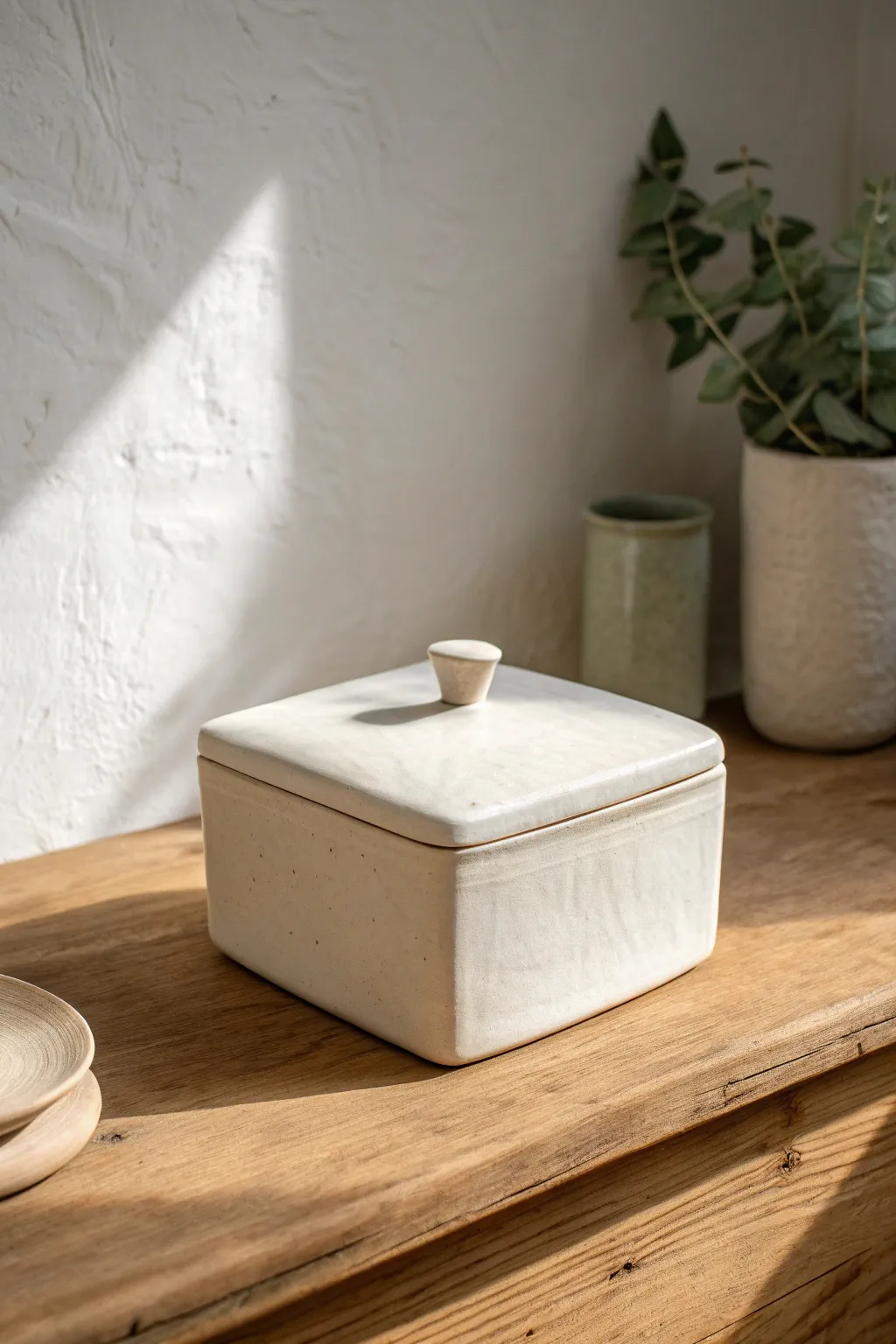 Minimal slab-built ceramic box with a perfectly flush lid, crisp lines, calm boho minimalism