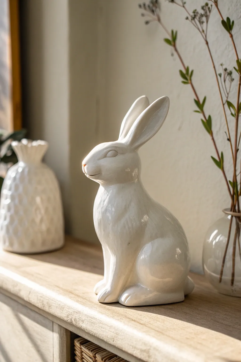 Classic glossy white ceramic bunny with clean shadows and calm Scandinavian shelf styling