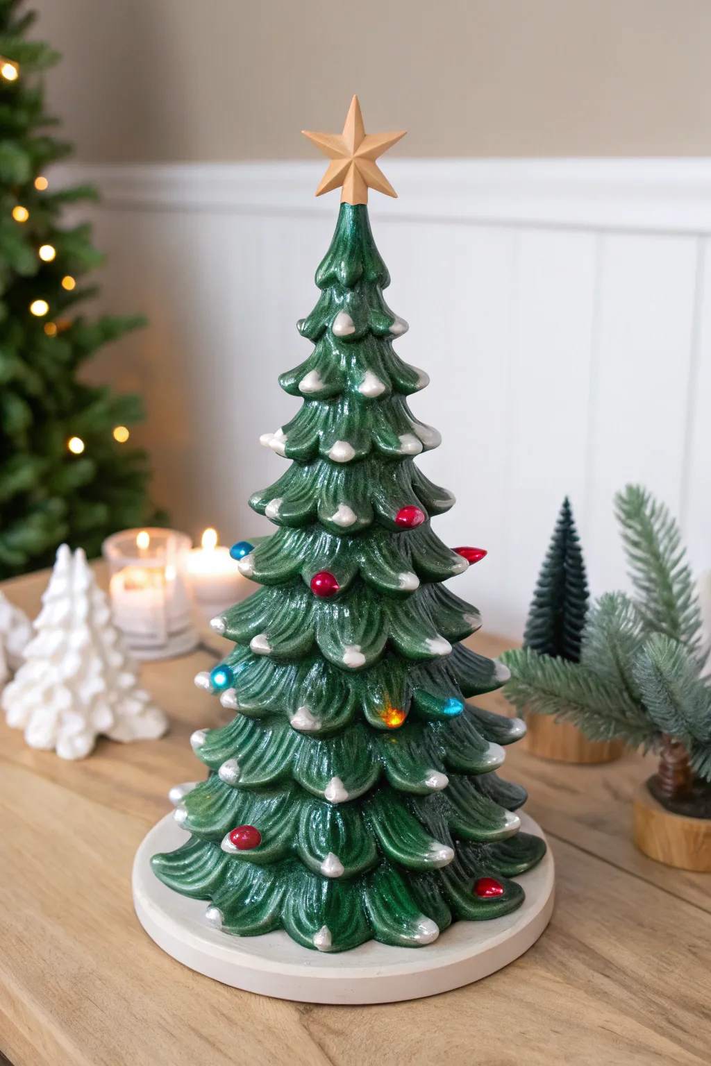 Evergreen ceramic Christmas tree with snow-tipped branches and softly glowing vintage bulbs