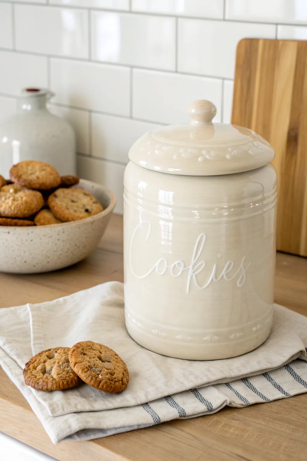 Glossy white ceramic cookie jar with linen towel and fresh cookies, minimalist Scandinavian boho